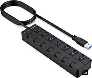 USB hub 3.0 7-Port USB Hub USB Splitter with Individual On/Off Switches and Lights 4ft/1.2m Long Cable USB Extension for Laptop and PC Computer
