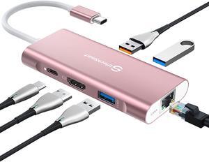USB C Hub, UtechSmart 6 in 1 USB C to HDMI Adapter with 1000M Ethernet,Power Delivery Pd Type C Charging Port, 3 USB 3.0 Ports Adapter Compatible for MacBook Pro, Chromebook,and USB C Devices(Pink)