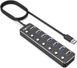 USB hub, Aluminum USB 3.0 Data Hub with Individual On/Off Switches and LED Lights for Laptop, PC, Computer (4ft/120cm) (7port)