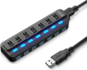 USB HUB - USB 3.0 Ports with Individual Power Switch, Data Splitter & Power Hub (7 Ports)