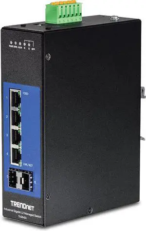 TRENDnet, 6-Port Industrial Gigabit L2 Managed DIN-Rail Switch, 4 X Gigabit Ports, 2 X SFP Slots, DIN-Rail Mount, IP30, Vlan, Qos, Lacp, STP/Rstp, Bandwidth Management, Lifetime Protection, TI-G642i