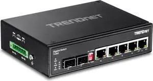TRENDnet 6-Port Hardened Industrial Gigabit DIN-Rail Switch, 12 Gbps Switching Capacity, IP30 Rated Metal Housing (-40 to 167 ºF),DIN-Rail & Wall Mounts Included, Lifetime Protection, Black, TI-G62