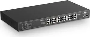 26 Port Gigabit PoE Switch, 24 Gigabit PoE+ Ports, 2 Gigabit SFP Uplink, 300W IEEE802.3af/at, Fanless Rackmount Unmanaged Plug and Play Ethernet Switch 26 Port Gigabit PoE Switch, 24 Gigabit PoE+ Ports, 2 Gigabit SFP Uplink, 300W IEEE802.3af/at, Fanless Rackmount Unmanaged Plug and Play Ethernet Switch