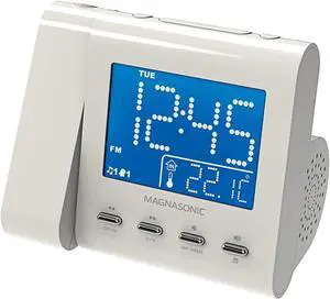 Magnasonic Projection Alarm Clock with AM/FM Radio, Battery Backup, Auto Time Set, Dual Alarm, Nap/Sleep Timer, Indoor Temperature/Date Display with Dimming & 3.5mm Audio Input - White (EAAC601W)