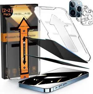 MRGLAS [2+2] Pack Privacy Screen Protector Compatible iPhone 12 Pro Max 6.7 with Camera Lens Protector 9H Tempered Glass [Auto Alignment Kit][10X Military Shockproof] Diamonds HD Glass Film[Anti-Spy]