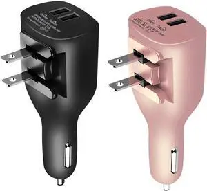 USB Car Charger 2-in-1 Portable Dual USB Car and Wall Charger with Foldable Plug Home for iPhone X XR XS MAX 7 8 Plus iPad Pro Air Mini Galaxy Note9 S9 S8 Plus LG Google