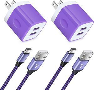 Phone Charger Plug for Samsung Galaxy S24 A32 5G A54 A15 A55 A14 A53 S23 S22 S21 LG Stylo 6 V60 V50, Pixel 8 Pro 7a 7 6a, 2 Dual Wall Charger Block with Type C Nylon Braided Cords USB C Cable 3ft+6ft