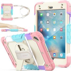 Case for Pad Mini 5/4 Cover with Screen Protector Pencil Holder [360 Rotating Hand Strap] &Stand, Drop-Proof Case for Pad Mini 5th/4th Generation (Yellowish+Pink)