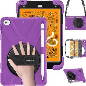 iPad Mini 5 2019 Case for kids, Rugged Hybrid Armor Protective Case with Shoulder Strap,Hand Strap,Kickstand and Pencil Holder for iPad Mini 5/iPad Mini 4 7.9 Inch, [Pencil not Included]-Purple