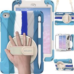 Kids Colorful Case for iPad Mini 5th 2020/ iPad Mini 4th 2015, Protective Shockproof Heavy Duty Case Cover with Pencil Holder, Carrying Strap, Hand Strap, Stand for iPad Mini 5/4 - Rainbow Blue