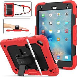 Case for Pad Mini 5 Case, Shock-Proof [Full-Body] Case with 360 Rotating Stand [Pencil Holder] [Screen Protector] Hand Strap for Mini 5th/4th Generation (Black+Red)