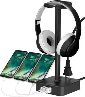 cozoo Headphone Stand with USB Charger Desktop Gaming Headset Holder Hanger with 3 USB Charger and 2 Outlets - Suitable for Gaming, DJ, Wireless Earphone Display,Gaming Desk Accessories,Gifts for Him