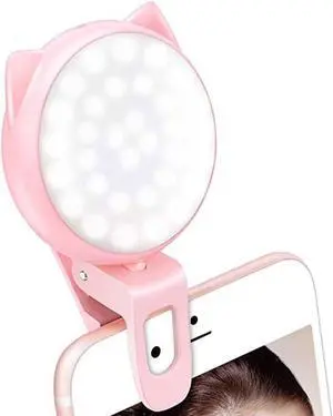 Selfie Clip on Ring Light, Mini Rechargeable 9 Level Adjustable Brightness Light with 32 LED, 2-8 Hours, USB Flash Lighting for iPhone/Android Cell Phone Photography,Video, Vlogging - Pink