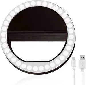 Selfie Ring Light Rechargeable Portable Clip-on Selfie Fill Light with 36 LED for Smart Phone Photography Camera Video Girl Makes up Black