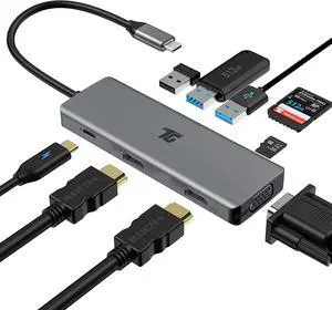 USB C Hub USB C Adapter 9 in 1 Triple Display Collage Display Type C Adapter with 2 4K HDMI VGA PD USB 3.0 and TF/SD Card Reader for MacBook and Type-C Laptops