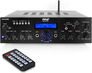 Wireless Bluetooth Power Amplifier System - 200W Dual Channel Sound Audio Stereo Receiver w/ USB, AUX, MIC IN w/ Echo, Radio - For Home Theater Entertainment via RCA, Studio Use - Pyle PDA65BU,Black