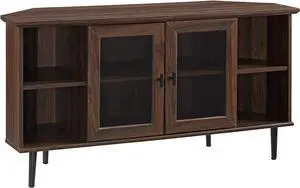 Walker Edison Modern Wood Corner Universal TV Stand with Open Shelves Glass Cabinet Doors Storage for TV's up to 55" Flat Screen Living Room Storage Entertainment Center, 48 Inch, Dark Walnut