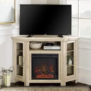 Walker Edison Alcott Classic Glass Door Fireplace Corner TV Stand for TVs up to 55 Inches, 48 Inch, White Oak