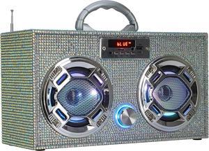 Mini Boombox with LED Speakers \u2013 Retro Bluetooth Speaker w/Enhanced FM Radio - Perfect for Home and Outdoor (Iridescent Bling)