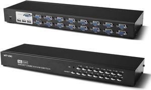 TNP 16 Port USB 2.0 KVM Switch Manual Selector Rack Mount Metal Box Adapter with 16 VGA USB KVM Cables for Computer PC Laptop Notebook Server Monitor Keyboard Mouse Black