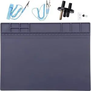 Anti-Static Mat ESD Safe for Electronic Includes ESD Wristband and Grounding Wire, HPFIX Silicone Soldering Repair Mat 932°F Heat Resistant for iPhone iPad iMac, Laptop, Computer, 15.9 x 12 Grey