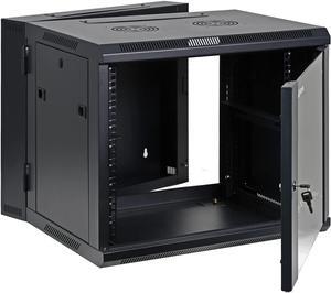 9U Professional Wall Mount Server Cabinet Enclosure Double Section Hinged Swing Out 19-Inch Server Network Rack with Locking Glass Door Black (Fully Assembled)