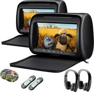 Pair Car Headrest DVD Player, 9 Inch Screen Dual Vehicle Headrest Monitor Supports Slot-Load DVD Audios Videos, Games Disc, HDMI Input, USB, SD, IR with New Version Black IR Headphones