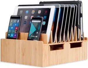 MobileVision Bamboo 10-Port Charging Station & Docking Organizer for Smartphones & Tablets, Family-Sized, for use in Corporate Offices & Classrooms