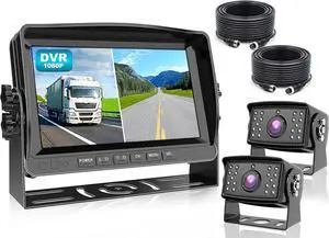 Fookoo  HD 1080P 9" Wired Backup Camera System, 9-inch DVR Dual Split Screen Monitor, IP69 Waterproof Rear View Camera for Truck/Trailer/Box Truck/RV, Loop Record, Parking Lines (DY912)