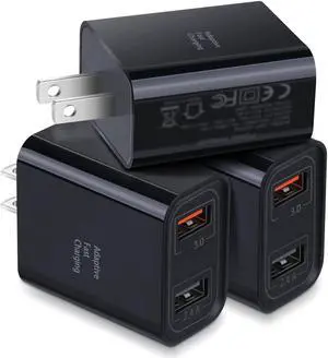 Dual USB Wall Charger 3 Pack 30W 2 Ports Adaptive Fast Charging Block Quick Fast Charger 3.0 & 5V 2.4A Wall Plug Compatible iPhone 11 XS Max  Galaxy S10 S9 S8 Note 9 10 Pixel (Black)