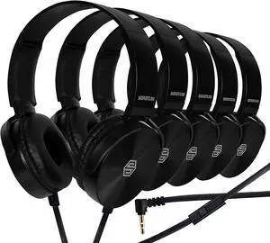 Sonitum Premium Classroom Headphone & Mic Set 3.5mm Jack Stereo Sound Earphones with Microphone & Soft Swivel On Ear Pads- Perfect for E-Learning, Meetings, Calls - Bulk Pack of 5 (Black)
