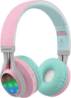 Riwbox WT-7S Bluetooth Headphones Light Up, Foldable Stero Wireless Headset with Microphone and Volume Control for PC/Cell Phones/TV/iPad (Pink Green)