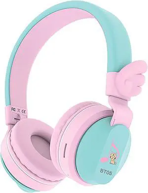 Kids Bluetooth Headphones, Riwbox BT05 Wireless Kids Headphones Over Ear with Volume Limited and Mic/TF Card Compatible for iPad/iPhone/Tablet (Pink&Green)