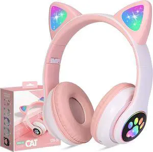 TCJJ Kids Wireless Headphones Cat Ear LED Light Up Bluetooth Foldable Headphones Over Ear w/Microphone for Online Distant Learning (Pink)