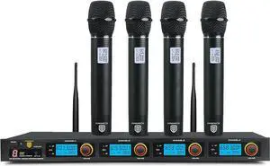 PRORECK MX44 4-Channel UHF Wireless Microphone System with 4 Hand-held Microphones Karaoke Machine for Party/Wedding/Church/Conference/Speech