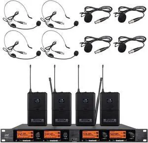 Frequency B Wireless Microphone System 4 Channel 4 Lavalier 4 Bodypacks 4 Lapel Mic 4 Headsets UHF for Karaoke System Church Speaking Conference Meeting Classroom Wedding Party Meeting School