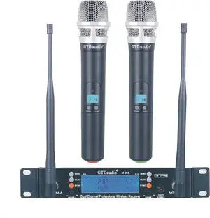 GTD Audio 2x100 Adjustable Frequency Channels UHF Wireless Microphone DJ Karaoke Mic System Long Range 400Ft, Battery 12 Hours (2 Handheld Mics)