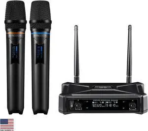 ARISEN Wireless Microphone System, Professional  microphone UHF Dual Channel Handheld Microphone, 200ft Range Receiver and 2 Handheld Mic Set, Cordless Mic Systems for, Church, Wedding, DJ