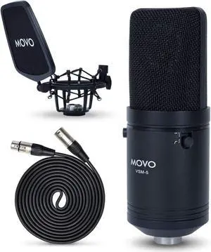Movo VSM-5 Large Diaphragm XLR Studio Cardioid Condenser Microphone with Shock Mount, Pop Filter, and XLR Cable - Ideal Mic for Vocals, Podcasting, Streaming, Broadcasting, ASMR, and More