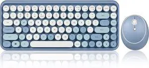 Perixx PERIDUO-713BL Wireless Mini Keyboard and Mouse Combo - Retro Round Key Caps - Pastel Blue - US English Layout