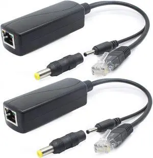 2-Pack 5V Gigabit PoE Splitter, 48V to 5V 2.4A Adapter, Plug 3.5mm x 1.35mm, 5.5mm x 2.1mm Connector, IEEE 802.3af Compliant, for IP Camera and More