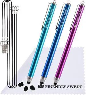 Stylus Pen for Touchscreen  3-Pack 5.5 High Precision Stylus Pen with Replaceable Thin Tips Elastic Lanyards & Screen Cleaning Cloth - Aqua Blue/Dark Blue/Purple