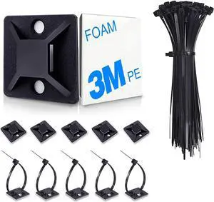 4/5 100 Pack Zip Tie Mount With Cable Ties Self Adhesive-backed Mounts for Wire Holder Black Cable Management Clips Wall Anchors