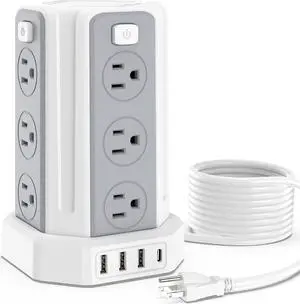 Power Strip Surge Protector 12 AC Outlets 4 USB Ports (1 USB C) Power Strip with USB 10 FT Extension Cord Power Strip Tower Overload Protection, Outlet Surge Protector Suitable for Home Office