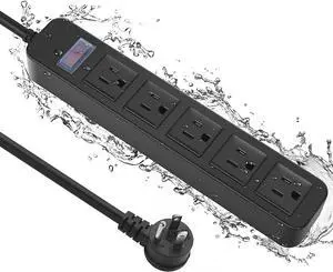 Outdoor Power Strip Waterproof with 5 Outlets, Garden Weatherproof Surge Protector, Christmas Multiple Outlet Exterior Socket for Lighting Appliances. 10FT Extension Cord Strip with Flat Plug. Black