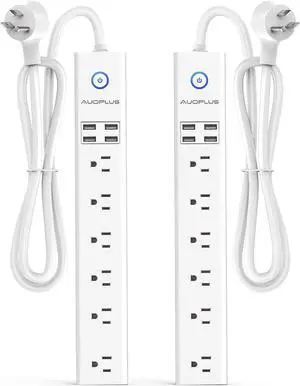 2 Pack Power Strip Surge Protector Flat Plug - 6 Widely Spaced Outlets 4 USB Charging Ports, 2100J/10A with 6Ft Long Extension Cord, Overload Surge Protection, Wall Mount for Home Office