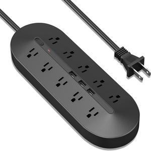 10-Outlet Power Strip with 3 USB Ports, 3 Prong Adapter, 6.6ft Extension Cord, 5V 3.4A USB, Surge Protector - Black