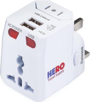 Hero Universal Travel Adapter (2 USB Ports) C Power Plug for US Europe France UK Ireland Thailand NZ Australia 100+ Countries