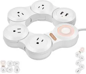 Flexible Surge Protector Power Strip with 2 USB Ports and 4 Outlets for Home, Office and Travel (9Ft Long Cord, White)