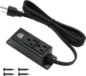 Power Strip with USB Ports, Wall Mounted Power Strip Flat Plug, 2AC Outlet 2 USB, 6.56 Feet Extension Cord for Desktop Desk Conference Table Cabinet Workbench